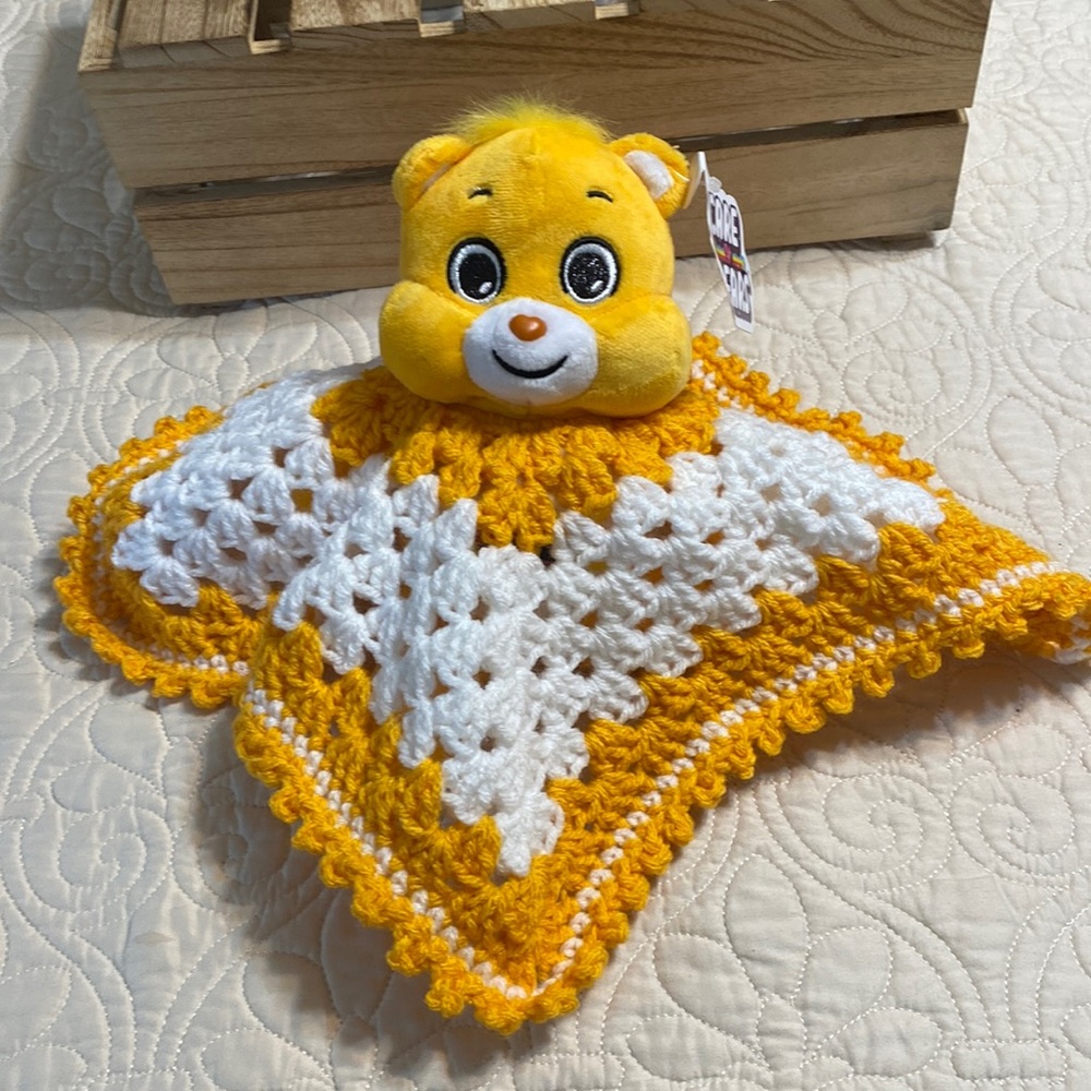 Care Bear - Funshine Bear with handmade crochet lovey. Stuffed animal is NWT